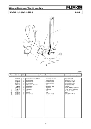 Zinken mit Flügelscharen / Tine with wing-shares
RE 450 S12P/FL35D-G 70x22 D16 665 3932
05.04
Pos. Art.-Nr. Stk. Artikeltext / Description
79
Abmessung
1 301 1805 4 Flachrundschraube mit Mutter Bolt, cup square head M12x30-10.9 MU
2 301 5785 1 Senkschraube Countersunk bolt M12x33-12.9-MU-10
3 301 5786 1 Senkschraube Countersunk bolt M12x55x20-12.9-MU
4 301 5787 1 Senkschraube Countersunk bolt M12x65x20-12.9-MU
6 337 4392 1 Scharspitze aufgepanzert Point S12P 120x12x230
7 337 4398 1 Randleitblech Guideboard, outer LBR2 RE
8 337 4418 1 Flügelschar Flügelschar FL35D GEK RE 130x10x346
9 337 4419 1 Flügelschar Flügelschar FL35D GEK LI 130x10x346
10 465 3681 1 Halm Stalk 70x22x795-D16 (Ü)
11 467 9105 1 Scharfuß Foot 8-S/FL
12 301 5789 1 Senkschraube Countersunk bolt M12x36-12.9-MU-10
 