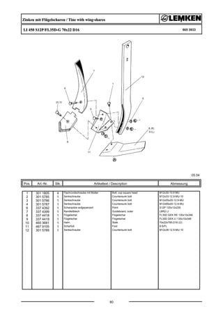 Zinken mit Flügelscharen / Tine with wing-shares
LI 450 S12P/FL35D-G 70x22 D16 665 3933
05.04
Pos. Art.-Nr. Stk. Artikeltext / Description
80
Abmessung
1 301 1805 4 Flachrundschraube mit Mutter Bolt, cup square head M12x30-10.9 MU
2 301 5785 1 Senkschraube Countersunk bolt M12x33-12.9-MU-10
3 301 5786 1 Senkschraube Countersunk bolt M12x55x20-12.9-MU
4 301 5787 1 Senkschraube Countersunk bolt M12x65x20-12.9-MU
6 337 4392 1 Scharspitze aufgepanzert Point S12P 120x12x230
7 337 4399 1 Randleitblech Guideboard, outer LBR2 LI
8 337 4418 1 Flügelschar Flügelschar FL35D GEK RE 130x10x346
9 337 4419 1 Flügelschar Flügelschar FL35D GEK LI 130x10x346
10 465 3681 1 Halm Stalk 70x22x795-D16 (Ü)
11 467 9105 1 Scharfuß Foot 8-S/FL
12 301 5789 1 Senkschraube Countersunk bolt M12x36-12.9-MU-10
 