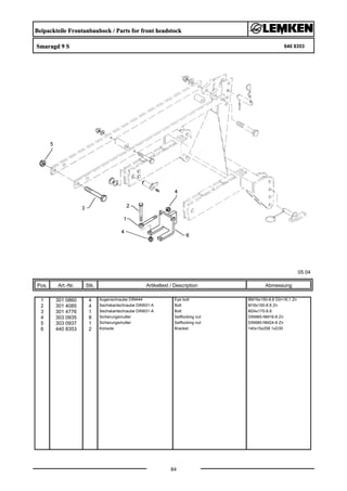 Beipackteile Frontanbaubock / Parts for front headstock
Smaragd 9 S 640 8353
05.04
Pos. Art.-Nr. Stk. Artikeltext / Description
84
Abmessung
1 301 0860 4 Augenschraube DIN444 Eye bolt BM16x150-8.8 D2=16,1 Zn
2 301 4085 4 Sechskantschraube DIN931-A Bolt M16x150-8.8 Zn
3 301 4776 1 Sechskantschraube DIN931-A Bolt M24x170-8.8
4 303 0935 8 Sicherungsmutter Selflocking nut DIN985-NM16-8 Zn
5 303 0937 1 Sicherungsmutter Selflocking nut DIN985-NM24-8 Zn
6 440 8353 2 Konsole Bracket 140x15x258 1xD35
 