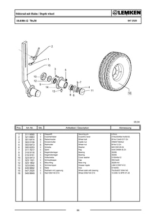 Stützrad mit Halm / Depth wheel
10.0/80-12 70x30 647 2520
05.04
Pos. Art.-Nr. Stk. Artikeltext / Description
86
Abmessung
1 311 9565 1 Klappstift Securing pin 4,5mm
2 321 6963 1 Exzenterhebel Eccentric lever D16x230/69x14x50/33
3 301 6414 5 Radschraube Wheel bolt M14x1,5x40-D17-Zn
4 303 0139 1 Kronenmutter Castle nut DIN937-M24x2
5 303 6413 5 Radmutter Wheel nut M14x1,5 Zn
6 305 6253 1 Scheibe Washer B25 DIN125-St
7 311 7617 1 Splint Peg 4x40 DIN94-St Zn
8 319 9116 1 Kegelrollenlager Bearing 30206.
9 319 9151 1 Kegelrollenlager Bearing 30209.
10 323 0413 1 Hüllscheibe Cover washer D100/45x12
11 323 1321 1 Schraubkappe Cap D63,5x40
12 323 1802 1 Nilos-Ring Nilos ring 30209 AV
13 323 6345 1 Schmiernippel Grease nipple LAM 6 DIN71412
14 449 8892 1 Nabe Hub 5/140/93
15 547 2520 1 Radhalm mit Lagerung Wheel stalk with bearing 70x30x837 5/94/140
16 549 8849 1 Rad 5/94/140 D14 Wheel 5/94/140 D14 10.0/80-12 8PR ET-25
 