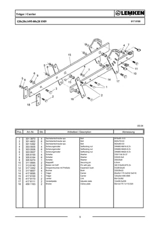 Träger / Carrier
120x20x1495-80x20 SM9 617 8100
05.04
Pos. Art.-Nr. Stk. Artikeltext / Description
9
Abmessung
1 301 3870 4 Sechskantschraube spz. Bolt M16x65-10.9
2 301 4602 6 Sechskantschraube spz. Bolt M20x75-8.8
3 301 5392 1 Sechskantschraube spz. Bolt M24x85-8.8
4 303 0935 4 Sicherungsmutter Selflocking nut DIN985-NM16-8 Zn
5 303 0936 6 Sicherungsmutter Selflocking nut DIN985-NM20-8 Zn
6 303 0937 1 Sicherungsmutter Selflocking nut DIN985-NM24-8 Zn
7 305 6155 4 Scheibe Washer D30/17x6 St-37
8 305 6164 6 Scheibe Washer D35/20,5x5
9 305 6274 1 Scheibe Washer D50/25x8
10 311 9565 2 Klappstift Securing pin 4,5mm
11 313 8140 2 Bolzen mit Griff Pin with grip GB D16x50,8/70 Zn
12 317 3352 4 Einspannbuchse mit Preßsitz Expansion bush EG28/32x20
13 317 6657 4 Buchse Bush D20/28x22
14 417 8095 1 Träger Carrier 80x20x1170 2xD32 5xD16
15 417 8100 1 Träger Carrier 120x20x1495-SM9
16 417 8110 2 Lenker Link 60x12x382
17 417 8111 2 Verstellplatte Adjuster plate 12x406,5x209
18 459 1163 2 Brücke Clamp plate 60x12x170 1x110-D20
 