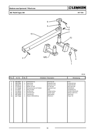 Radarm zum Spornrad / Wheel arm
RE 70x30 Topas 140 647 7524
05.04
Pos. Art.-Nr. Stk. Artikeltext / Description
90
Abmessung
1 305 8551 1 Federsicherung Securing clip 41x3
2 309 3355 2 Spannhülse Expansion bush 21x80-DIN7346
3 309 6214 1 Spannhülse Expansion bush 12x80-DIN1481
4 313 8143 1 Bolzen mit Griff Pin with grip GB D16x77/90
5 317 2026 1 Einspannbuchse mit Preßsitz Expansion bush EG50/56x30
6 317 8701 1 Ring mit Nase Ring D73/40x25-D12
7 317 9374 1 Bundbuchse Flange bushing D70/56,1/D50,25x35
8 323 6348 1 Schmiernippel Grease nipple AM10x1 DIN71412
9 447 4424 1 Halmführung Stalk guiding D50/70x30
10 447 7520 1 Radarm Stiftverstellung Wheel arm Topas 140
 