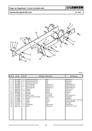 Träger zur Doppelwalze / Carrier for double roller
120x20x1495-100x20 SM9+STR 617 8108
05.04
Pos. Art.-Nr. Stk. Artikeltext / Description
92
Abmessung
1 301 3870 2 Sechskantschraube spz. Bolt M16x65-10.9
2 301 4602 6 Sechskantschraube spz. Bolt M20x75-8.8
3 301 5392 1 Sechskantschraube spz. Bolt M24x85-8.8
4 303 0935 2 Sicherungsmutter Selflocking nut DIN985-NM16-8 Zn
5 303 0936 6 Sicherungsmutter Selflocking nut DIN985-NM20-8 Zn
6 303 0937 1 Sicherungsmutter Selflocking nut DIN985-NM24-8 Zn
7 305 6155 2 Scheibe Washer D30/17x6 St-37
8 305 6164 6 Scheibe Washer D35/20,5x5
9 305 6274 1 Scheibe Washer D50/25x8
10 311 9565 2 Klappstift Securing pin 4,5mm
11 313 8140 2 Bolzen mit Griff Pin with grip GB D16x50,8/70 Zn
12 317 3352 4 Einspannbuchse mit Preßsitz Expansion bush EG28/32x20
13 317 6657 4 Buchse Bush D20/28x22
14 417 8099 1 Träger Carrier 100x20x1282 2xD32 11xD16 4xD7
15 417 8100 1 Träger Carrier 120x20x1495-SM9
16 417 8110 2 Lenker Link 60x12x382
17 417 8111 2 Verstellplatte Adjuster plate 12x406,5x209
18 459 1163 2 Brücke Clamp plate 60x12x170 1x110-D20
 