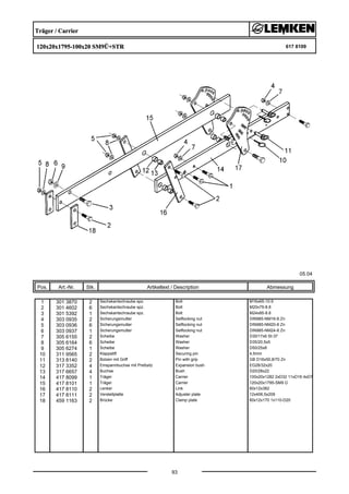 Träger / Carrier
120x20x1795-100x20 SM9Ü+STR 617 8109
05.04
Pos. Art.-Nr. Stk. Artikeltext / Description
93
Abmessung
1 301 3870 2 Sechskantschraube spz. Bolt M16x65-10.9
2 301 4602 6 Sechskantschraube spz. Bolt M20x75-8.8
3 301 5392 1 Sechskantschraube spz. Bolt M24x85-8.8
4 303 0935 2 Sicherungsmutter Selflocking nut DIN985-NM16-8 Zn
5 303 0936 6 Sicherungsmutter Selflocking nut DIN985-NM20-8 Zn
6 303 0937 1 Sicherungsmutter Selflocking nut DIN985-NM24-8 Zn
7 305 6155 2 Scheibe Washer D30/17x6 St-37
8 305 6164 6 Scheibe Washer D35/20,5x5
9 305 6274 1 Scheibe Washer D50/25x8
10 311 9565 2 Klappstift Securing pin 4,5mm
11 313 8140 2 Bolzen mit Griff Pin with grip GB D16x50,8/70 Zn
12 317 3352 4 Einspannbuchse mit Preßsitz Expansion bush EG28/32x20
13 317 6657 4 Buchse Bush D20/28x22
14 417 8099 1 Träger Carrier 100x20x1282 2xD32 11xD16 4xD7
15 417 8101 1 Träger Carrier 120x20x1795-SM9 Ü
16 417 8110 2 Lenker Link 60x12x382
17 417 8111 2 Verstellplatte Adjuster plate 12x406,5x209
18 459 1163 2 Brücke Clamp plate 60x12x170 1x110-D20
 