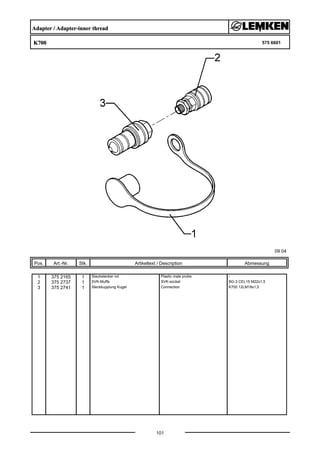 Adapter / Adapter-inner thread
K700 575 6601
09.04
Pos. Art.-Nr. Stk. Artikeltext / Description
101
Abmessung
1 375 2165 1 Staubstecker rot Plastic male probe -
2 375 2737 1 SVK-Muffe SVK-socket BG-3 CEL15 M22x1,5
3 375 2741 1 Steckkupplung Kugel Connection K700 12LM18x1,5
 