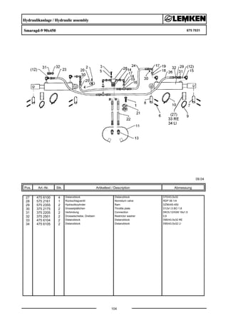 Hydraulikanlage / Hydraulic assembly
Smaragd-9 90x450 675 7031
09.04
Pos. Art.-Nr. Stk. Artikeltext / Description
104
Abmessung
27 475 6100 4 Distanzblock Distanzblock D70/43,5x32
28 575 2161 1 Rückschlagventil Nonreturn valve RDP 06 1/4
29 575 2355 2 Hydraulikzylinder Ram DZ90/45-450
30 375 2175 2 Drosselplättchen Throttle plate D12x1,5 BO 1,8
31 375 2205 2 Verbindung Connection DKOL12/IGM 16x1,5
32 375 2501 2 Drosselscheibe, Dreibein Restrictor washer 0,9
33 475 6104 2 Distanzblock Distanzblock D95/43,5x32 RE
34 475 6105 2 Distanzblock Distanzblock D95/43,5x32 LI
 