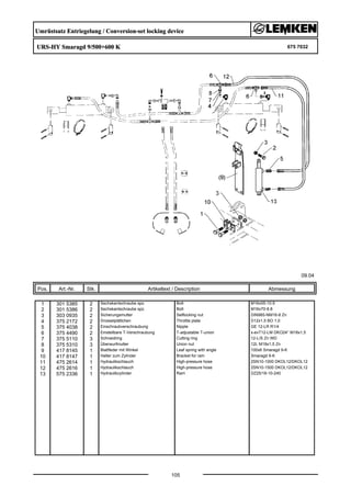 Umrüstsatz Entriegelung / Conversion-set locking device
URS-HY Smaragd 9/500+600 K 675 7032
09.04
Pos. Art.-Nr. Stk. Artikeltext / Description
105
Abmessung
1 301 5385 2 Sechskantschraube spz. Bolt M16x55-10.9
2 301 5386 2 Sechskantschraube spz. Bolt M16x70-8.8
3 303 0935 2 Sicherungsmutter Selflocking nut DIN985-NM16-8 Zn
4 375 2172 2 Drosselplättchen Throttle plate D12x1,5 BO 1,0
5 375 4038 2 Einschraubverschraubung Nipple GE 12-LR R1/4
6 375 4490 2 Einstellbare T-Verschraubung T-adjustable T-union x-evT12-LM DKO24° M18x1,5
7 375 5110 3 Schneidring Cutting ring 12-L/S Zn WD
8 375 5310 3 Überwurfmutter Union nut 12L M18x1,5 Zn
9 417 8145 1 Blattfeder mit Winkel Leaf spring with angle 100x6 Smaragd 9-K
10 417 8147 1 Halter zum Zylinder Bracket for ram Smaragd 9-K
11 475 2614 1 Hydraulikschlauch High-pressure hose 2SN10-1000 DKOL12/DKOL12
12 475 2616 1 Hydraulikschlauch High-pressure hose 2SN10-1500 DKOL12/DKOL12
13 575 2336 1 Hydraulikzylinder Ram DZ25/18-10-240
 