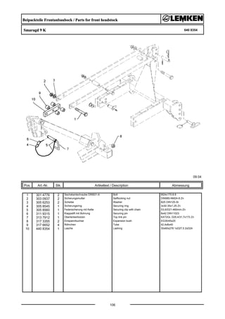 Beipackteile Frontanbaubock / Parts for front headstock
Smaragd 9 K 640 8354
09.04
Pos. Art.-Nr. Stk. Artikeltext / Description
106
Abmessung
1 301 4776 2 Sechskantschraube DIN931-A Bolt M24x170-8.8
2 303 0937 2 Sicherungsmutter Selflocking nut DIN985-NM24-8 Zn
3 305 6253 2 Scheibe Washer B25 DIN125-St
4 305 8545 1 Sicherungsring Securing ring 3x30-35x1,25 Zn
5 305 8560 1 Federsicherung mit Kette Securing clip with chain D3,6/D21-460mm-Zn
6 311 9315 1 Klappstift mit Bohrung Securing pin 8x42 DIN11023
7 313 7912 1 Oberlenkerbolzen Top link pin KAT2GL D25,4/31,7x173 Zn
8 317 3355 2 Einspannbuchse Expansion bush EG35/45x25
9 317 6652 4 Röhrchen Tube 42,4x8x40
10 440 8354 1 Lasche Lashing 30x60x278 1xD27,5 2xD24
 