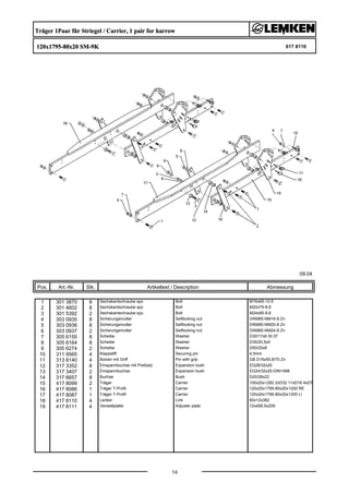 Träger 1Paar für Striegel / Carrier, 1 pair for harrow
120x1795-80x20 SM-9K 617 8110
09.04
Pos. Art.-Nr. Stk. Artikeltext / Description
14
Abmessung
1 301 3870 8 Sechskantschraube spz. Bolt M16x65-10.9
2 301 4602 8 Sechskantschraube spz. Bolt M20x75-8.8
3 301 5392 2 Sechskantschraube spz. Bolt M24x85-8.8
4 303 0935 8 Sicherungsmutter Selflocking nut DIN985-NM16-8 Zn
5 303 0936 8 Sicherungsmutter Selflocking nut DIN985-NM20-8 Zn
6 303 0937 2 Sicherungsmutter Selflocking nut DIN985-NM24-8 Zn
7 305 6155 8 Scheibe Washer D30/17x6 St-37
8 305 6164 8 Scheibe Washer D35/20,5x5
9 305 6274 2 Scheibe Washer D50/25x8
10 311 9565 4 Klappstift Securing pin 4,5mm
11 313 8140 4 Bolzen mit Griff Pin with grip GB D16x50,8/70 Zn
12 317 3352 8 Einspannbuchse mit Preßsitz Expansion bush EG28/32x20
13 317 3407 2 Einspannbuchse Expansion bush EG24/32x20-DIN1498
14 317 6657 8 Buchse Bush D20/28x22
15 417 8099 2 Träger Carrier 100x20x1282 2xD32 11xD16 4xD7
16 417 8086 1 Träger T-Profil Carrier 120x20x1795-80x20x1200 RE
17 417 8087 1 Träger T-Profil Carrier 120x20x1795-80x20x1200 LI
18 417 8110 4 Lenker Link 60x12x382
19 417 8111 4 Verstellplatte Adjuster plate 12x406,5x209
 