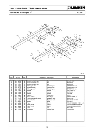 Träger 1Paar für Striegel / Carrier, 1 pair for harrow
120x2095-80x20 Smaragd 9 KÜ 617 8111
09.04
Pos. Art.-Nr. Stk. Artikeltext / Description
15
Abmessung
1 301 3870 8 Sechskantschraube spz. Bolt M16x65-10.9
2 301 4602 8 Sechskantschraube spz. Bolt M20x75-8.8
3 301 5392 2 Sechskantschraube spz. Bolt M24x85-8.8
4 303 0935 8 Sicherungsmutter Selflocking nut DIN985-NM16-8 Zn
5 303 0936 8 Sicherungsmutter Selflocking nut DIN985-NM20-8 Zn
6 303 0937 2 Sicherungsmutter Selflocking nut DIN985-NM24-8 Zn
7 305 6155 8 Scheibe Washer D30/17x6 St-37
8 305 6164 8 Scheibe Washer D35/20,5x5
9 305 6274 2 Scheibe Washer D50/25x8
10 311 9565 4 Klappstift Securing pin 4,5mm
11 313 8140 4 Bolzen mit Griff Pin with grip GB D16x50,8/70 Zn
12 317 3352 8 Einspannbuchse mit Preßsitz Expansion bush EG28/32x20
13 317 3407 2 Einspannbuchse Expansion bush EG24/32x20-DIN1498
14 317 6657 8 Buchse Bush D20/28x22
15 417 8099 2 Träger Carrier 100x20x1282 2xD32 11xD16 4xD7
16 417 8078 1 Träger T-Profil Carrier 120x20x2095-80x20x1500 RE
17 417 8079 1 Träger T-Profil Carrier 120x20x2095-80x20x1500 LI
18 417 8110 4 Lenker Link 60x12x382
19 417 8111 4 Verstellplatte Adjuster plate 12x406,5x209
 