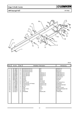 Träger T-Profil / Carrier
2095 Smaragd 9 KÜ 617 8123
09.04
Pos. Art.-Nr. Stk. Artikeltext / Description
17
Abmessung
1 301 3870 6 Sechskantschraube spz. Bolt M16x65-10.9
2 301 4602 4 Sechskantschraube spz. Bolt M20x75-8.8
3 301 5392 1 Sechskantschraube spz. Bolt M24x85-8.8
4 303 0935 6 Sicherungsmutter Selflocking nut DIN985-NM16-8 Zn
5 303 0936 4 Sicherungsmutter Selflocking nut DIN985-NM20-8 Zn
6 303 0937 1 Sicherungsmutter Selflocking nut DIN985-NM24-8 Zn
7 305 6155 6 Scheibe Washer D30/17x6 St-37
8 305 6164 4 Scheibe Washer D35/20,5x5
9 305 6274 1 Scheibe Washer D50/25x8
10 311 9565 2 Klappstift Securing pin 4,5mm
11 313 8140 2 Bolzen mit Griff Pin with grip GB D16x50,8/70 Zn
12 317 3352 4 Einspannbuchse mit Preßsitz Expansion bush EG28/32x20
13 317 3407 1 Einspannbuchse Expansion bush EG24/32x20-DIN1498
14 317 6657 4 Buchse Bush D20/28x22
15 417 8097 1 Träger Carrier 80x20x1170 4xD7
16 417 8123 1 Träger T-Profil Carrier 120x20x2095-60x20x1500
17 417 8110 2 Lenker Link 60x12x382
18 417 8111 2 Verstellplatte Adjuster plate 12x406,5x209
 