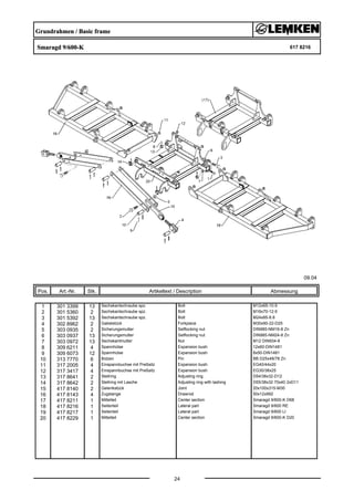 Grundrahmen / Basic frame
Smaragd 9/600-K 617 8216
09.04
Pos. Art.-Nr. Stk. Artikeltext / Description
24
Abmessung
1 301 3399 13 Sechskantschraube spz. Bolt M12x65-10.9
2 301 5360 2 Sechskantschraube spz. Bolt M16x70-12.9
3 301 5392 13 Sechskantschraube spz. Bolt M24x85-8.8
4 302 8962 2 Gabelstück Forkpiece M30x90-22-D25
5 303 0935 2 Sicherungsmutter Selflocking nut DIN985-NM16-8 Zn
6 303 0937 13 Sicherungsmutter Selflocking nut DIN985-NM24-8 Zn
7 303 0972 13 Sechskantmutter Nut M12 DIN934-8
8 309 6211 4 Spannhülse Expansion bush 12x60-DIN1481
9 309 6073 12 Spannhülse Expansion bush 8x50-DIN1481
10 313 7770 6 Bolzen Pin BB D25x48/78 Zn
11 317 2005 4 Einspannbuchse mit Preßsitz Expansion bush EG40/44x20
12 317 3417 4 Einspannbuchse mit Preßsitz Expansion bush EG30/38x25
13 317 8641 2 Stellring Adjusting ring D54/38x32-D12
14 317 8642 2 Stellring mit Lasche Adjusting ring with lashing D55/38x32 70x40 2xD11
15 417 8140 2 Gelenkstück Joint 20x100x315-M30
16 417 8143 4 Zugstange Drawrod 50x12x992
17 417 8211 1 Mittelteil Center section Smaragd 9/600-K D68
18 417 8216 1 Seitenteil Lateral part Smaragd 9/600 RE
19 417 8217 1 Seitenteil Lateral part Smaragd 9/600 LI
20 417 8229 1 Mittelteil Center section Smaragd 9/600-K D20
 