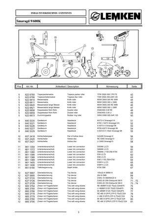 INHALTSVERZEICHNIS / CONTENTS
3
Smaragd 9/600K
Pos Art.-Nr. Artikeltext / Description Abmessung Seite
5 622 6760 Trapezpackerwalze Trapeze packer roller TPW D500-300-17R175 42
5 622 6766 Trapezscheibenwalze Trapeze disc roller TSW D500-300-24R-125 43
5 622 6810 Messerwalze Knife roller MSW D600-300 RE SM9 44
5 622 6811 Messerwalze Knife roller MSW D600-300 LI SM9 45
5 622 6820 Messerwalze lange Messer Knife roller MSW D600-300 RE SM9 46
5 622 6821 Messerwalze lange Messer Knife roller MSW D600-300 LI SM9 47
5 622 6858 Doppelwalze Rohr-Rohr Double roller D540/400-3.00 RE 48
5 622 6859 Doppelwalze Rohr-Rohr Double roller D540/400-3.00 LI 49
5 622 6873 Gummiringwalze Rubber ring roller GRW D590-300-24R-125 50
9 640 5220 Geräteturm Headstock KAT2+3 Smaragd 9 K 51
9 640 5221 Geräteturm Headstock K700 + KAT3 Smaragd 9 K 52
9 640 5226 Geräteturm Headstock A KAT2+3 Smaragd 9K 53
9 640 5227 Geräteturm Headstock K700+KAT3 Smaragd 9K 54
9 640 5229 Geräteturm Headstock A KAT2+3 +Hitch Smaragd 9K 55
10 657 2418 Hohlscheibenpaar Pair of hollow discs 2xD450 Smaragd 9 56
10 657 2420 Hohlscheibe Hollow disc RE D450 Smaragd 9 57
10 657 2421 Hohlscheibe Hollow disc LI D450 Smaragd 9 58
11 661 1354 Unterlenkeranschluß Lower link connection D55/68 L2 Z3 59
11 661 1372 Unterlenkeranschluß Lower link connection D68/68 L3 Z3 60
11 661 1380 Unterlenkeranschluß Lower link connection D68/68 L1100 Z58 K700 61
11 661 1386 Unterlenkeranschluß Lower link connection E55 L2 Z3 62
11 661 1388 Unterlenkeranschluß Lower link connection E68 L3 Z3 63
11 661 1389 Unterlenkeranschluß Lower link connection E68 L1100 Z58 K700 64
11 661 1405 Unterlenkeranschluß Lower link connection E55FH L2 Z3 65
11 661 1406 Unterlenkeranschluß Lower link connection E68FH L3 Z3 66
11 661 6160 Tiefenbegrenzung Depth limiter K700 D68 67
12 627 5687 Überlastsicherung Trip device 100x22-A SM90+9 68
12 627 5695 Überlastsicherung Trip device 50x18 SM9 69
12 627 5720 Überlastsicherung Trip device D30G-16 SMARAGD 9 70
12 627 5726 Überlastsicherung Trip device D30G-20 206-Drehpunkt SM.9 71 .. 72
12 627 5728 Überlastsicherung Trip device D30G-20 150-Drehpunkt SM.9 73 .. 74
12 665 3764 Zinken mit Flügelscharen Tine with wing-shares RE 480BR S12D 70x22 D24x875 75
12 665 3765 Zinken mit Flügelscharen Tine with wing-shares LI 480BR S12D 70x22 D24x875 76
12 665 3766 Zinken mit Flügelscharen Tine with wing-shares MI 480BR S12D 70x22 D24x875 77
12 665 3778 Zinken mit Flügelscharen Tine with wing-shares RE 480 S12P/FL37P-G 70x22 D24 78
12 665 3779 Zinken mit Flügelscharen Tine with wing-shares LI 480 S12P/FL37P-G 70x22 D24 79
12 665 3780 Zinken mit Flügelscharen Tine with wing-shares MI 480 S12P/FL37P-G 70x22 D24 80
12 665 3790 Zinken mit Flügelscharen Tine with wing-shares RE 480 S12PK/FL37P-G 70x22 D24 81
 