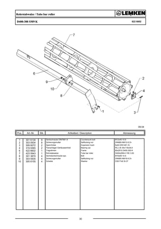 Rohrstabwalze / Tube bar roller
D400-300 SM9 K 622 6602
09.04
Pos. Art.-Nr. Stk. Artikeltext / Description
30
Abmessung
1 301 6130 8 Senkschraube DIN7991-A Countersunk bolt M12x40-10.9
2 303 0934 8 Sicherungsmutter Selflocking nut DIN985-NM12-8 Zn
3 309 6072 2 Spannhülse Expansion bush 8x40-DIN1481 Zn
4 319 9365 2 Flanschlager-Gehäuseeinheit Bearing cpl. RCJ 35 35x118x39,9
6 422 6602 1 Tragrahmen Frame 80x2910 D400-300-K
7 423 0943 1 Rohrstabwalze Tube bar roller D400x2954-V RE 3.00
8 301 3870 4 Sechskantschraube spz. Bolt M16x65-10.9
9 303 0935 4 Sicherungsmutter Selflocking nut DIN985-NM16-8 Zn
10 305 6155 4 Scheibe Washer D30/17x6 St-37
 