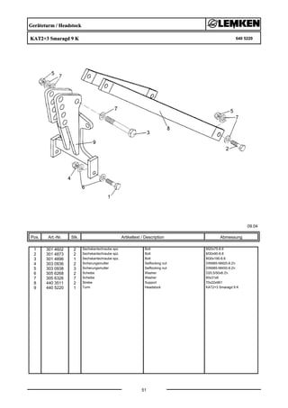 Geräteturm / Headstock
KAT2+3 Smaragd 9 K 640 5220
09.04
Pos. Art.-Nr. Stk. Artikeltext / Description
51
Abmessung
1 301 4602 2 Sechskantschraube spz. Bolt M20x75-8.8
2 301 4873 2 Sechskantschraube spz. Bolt M30x90-8.8
3 301 4896 1 Sechskantschraube spz. Bolt M30x190-8.8
4 303 0936 2 Sicherungsmutter Selflocking nut DIN985-NM20-8 Zn
5 303 0938 3 Sicherungsmutter Selflocking nut DIN985-NM30-8 Zn
6 305 6268 2 Scheibe Washer D20,5/50x8 Zn
7 305 6326 7 Scheibe Washer 60x31x6
8 440 3511 2 Strebe Support 70x22x961
9 440 5220 1 Turm Headstock KAT2+3 Smaragd 9 K
 