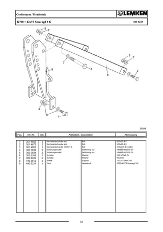 Geräteturm / Headstock
K700 + KAT3 Smaragd 9 K 640 5221
09.04
Pos. Art.-Nr. Stk. Artikeltext / Description
52
Abmessung
1 301 4602 2 Sechskantschraube spz. Bolt M20x75-8.8
2 301 4873 2 Sechskantschraube spz. Bolt M30x90-8.8
3 301 4901 1 Sechskantschraube DIN931-A Bolt M30x230-8.8 (280)
4 303 0936 2 Sicherungsmutter Selflocking nut DIN985-NM20-8 Zn
5 303 0938 3 Sicherungsmutter Selflocking nut DIN985-NM30-8 Zn
6 305 6268 2 Scheibe Washer D20,5/50x8 Zn
7 305 6326 6 Scheibe Washer 60x31x6
8 440 3512 2 Strebe Support 70x22x1086 K700
9 440 5221 1 Turm Headstock K700+KAT3 Smaragd 9 K
 
