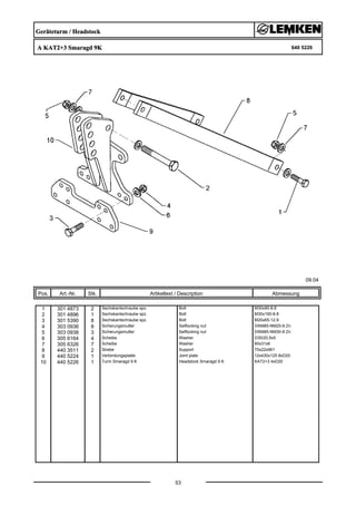 Geräteturm / Headstock
A KAT2+3 Smaragd 9K 640 5226
09.04
Pos. Art.-Nr. Stk. Artikeltext / Description
53
Abmessung
1 301 4873 2 Sechskantschraube spz. Bolt M30x90-8.8
2 301 4896 1 Sechskantschraube spz. Bolt M30x190-8.8
3 301 5390 8 Sechskantschraube spz. Bolt M20x65-12.9
4 303 0936 8 Sicherungsmutter Selflocking nut DIN985-NM20-8 Zn
5 303 0938 3 Sicherungsmutter Selflocking nut DIN985-NM30-8 Zn
6 305 6164 4 Scheibe Washer D35/20,5x5
7 305 6326 7 Scheibe Washer 60x31x6
8 440 3511 2 Strebe Support 70x22x961
9 440 5224 1 Verbindungsplatte Joint plate 12x430x125 8xD20
10 440 5226 1 Turm Smaragd 9 K Headstock Smaragd 9 K KAT2+3 4xD20
 