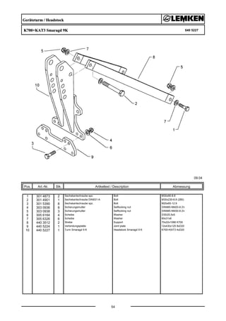 Geräteturm / Headstock
K700+KAT3 Smaragd 9K 640 5227
09.04
Pos. Art.-Nr. Stk. Artikeltext / Description
54
Abmessung
1 301 4873 2 Sechskantschraube spz. Bolt M30x90-8.8
2 301 4901 1 Sechskantschraube DIN931-A Bolt M30x230-8.8 (280)
3 301 5390 8 Sechskantschraube spz. Bolt M20x65-12.9
4 303 0936 8 Sicherungsmutter Selflocking nut DIN985-NM20-8 Zn
5 303 0938 3 Sicherungsmutter Selflocking nut DIN985-NM30-8 Zn
6 305 6164 4 Scheibe Washer D35/20,5x5
7 305 6326 6 Scheibe Washer 60x31x6
8 440 3512 2 Strebe Support 70x22x1086 K700
9 440 5224 1 Verbindungsplatte Joint plate 12x430x125 8xD20
10 440 5227 1 Turm Smaragd 9 K Headstock Smaragd 9 K K700+KAT3 4xD20
 
