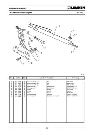 Geräteturm / Headstock
A KAT2+3 +Hitch Smaragd 9K 640 5229
09.04
Pos. Art.-Nr. Stk. Artikeltext / Description
55
Abmessung
1 301 4873 2 Sechskantschraube spz. Bolt M30x90-8.8
2 301 4896 1 Sechskantschraube spz. Bolt M30x190-8.8
3 301 5390 8 Sechskantschraube spz. Bolt M20x65-12.9
4 303 0936 8 Sicherungsmutter Selflocking nut DIN985-NM20-8 Zn
5 303 0938 3 Sicherungsmutter Selflocking nut DIN985-NM30-8 Zn
6 305 6164 4 Scheibe Washer D35/20,5x5
7 305 6326 7 Scheibe Washer 60x31x6
8 440 3511 2 Strebe Support 70x22x961
9 440 5224 1 Verbindungsplatte Joint plate 12x430x125 8xD20
10 440 5229 1 Turm Smaragd 9 K Headstock Smaragd 9 K KAT2+3 4xD20 +Hitch
 