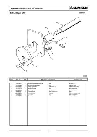 Unterlenkeranschluß / Lower link connection
E68 L1100 Z58 K700 661 1389
09.04
Pos. Art.-Nr. Stk. Artikeltext / Description
64
Abmessung
1 301 3867 4 Sechskantschraube DIN931-A Bolt M16x65-8.8
2 301 5390 4 Sechskantschraube spz. Bolt M20x65-12.9
3 303 0935 4 Sicherungsmutter Selflocking nut DIN985-NM16-8 Zn
4 303 0978 4 Sechskantmutter Nut M20 DIN934-8
5 305 9888 8 Federring Spring ring 20 DIN127-A
6 461 6061 2 Schienenplatte Plate for drawbar E68
7 461 7928 1 Schienenwelle Drawbar D68 L1100 Z58 K700
8 461 9893 2 Sperrstück Stop D68x100 2xD18
 