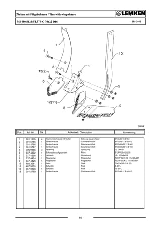 Zinken mit Flügelscharen / Tine with wing-shares
MI 480 S12P/FL37P-G 70x22 D16 665 3910
09.04
Pos. Art.-Nr. Stk. Artikeltext / Description
89
Abmessung
1 301 1805 4 Flachrundschraube mit Mutter Bolt, cup square head M12x30-10.9 MU
2 301 5785 1 Senkschraube Countersunk bolt M12x33-12.9-MU-10
3 301 5786 1 Senkschraube Countersunk bolt M12x55x20-12.9-MU
4 301 5787 1 Senkschraube Countersunk bolt M12x65x20-12.9-MU
5 305 9885 3 Federring Spring ring 12 DIN127
6 337 4392 1 Scharspitze aufgepanzert Point S12P 120x12x230
7 337 4395 1 Leitblech Guideboard LB1 100x8x305
8 337 4424 1 Flügelschar Flügelschar FL37P GEK RE 11x130x381
9 337 4425 1 Flügelschar Flügelschar FL37P GEK LI 11x130x381
10 465 3681 1 Halm Stalk 70x22x795-D16 (Ü)
11 467 9105 1 Scharfuß Foot 8-S/FL
12 467 9106 1 Scharfuß Foot 10-S/FL
13 301 5789 1 Senkschraube Countersunk bolt M12x36-12.9-MU-10
 