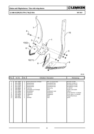 Zinken mit Flügelscharen / Tine with wing-shares
LI 480 S12PK/FL37P-G 70x22 D16 665 3921
09.04
Pos. Art.-Nr. Stk. Artikeltext / Description
91
Abmessung
1 301 1805 4 Flachrundschraube mit Mutter Bolt, cup square head M12x30-10.9 MU
2 301 5785 1 Senkschraube Countersunk bolt M12x33-12.9-MU-10
3 301 5786 1 Senkschraube Countersunk bolt M12x55x20-12.9-MU
4 301 5787 1 Senkschraube Countersunk bolt M12x65x20-12.9-MU
5 305 9885 3 Federring Spring ring 12 DIN127
6 337 4391 1 Scharspitze zum Smaragd Point S12PK 120x12x200
7 337 4399 1 Randleitblech Guideboard, outer LBR2 LI
8 337 4424 1 Flügelschar Flügelschar FL37P GEK RE 11x130x381
9 337 4425 1 Flügelschar Flügelschar FL37P GEK LI 11x130x381
10 465 3681 1 Halm Stalk 70x22x795-D16 (Ü)
11 467 9105 1 Scharfuß Foot 8-S/FL
 