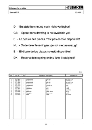 Kabelsatz / Set of cables
Smaragd 9 K 570 2050
09.04
Pos. Art.-Nr. Stk. Artikeltext / Description
93
Abmessung
1 373 1802 1 Aufsteckdose Plug box RE ADR2 2,0m
2 373 1803 1 Aufsteckdose Plug box LI ADL2 2,0m
3 373 1804 1 Aufsteckdose Plug box RE ADR4 6,0m
4 373 1805 1 Aufsteckdose Plug box LI ADL4 6,0m
5 373 2018 1 Verteilerdose Junction box 1200.
6 373 2121 1 Stecker Plug 7-polig
7 373 2124 1 Stecker Alu Plug 7-polig
8 373 4134 1 Kabel Cable 2x0,75 S/W
9 373 4136 5 Kabel gelb Cable, yellow 4x0,75
10 373 4137 5 Kabel grün Cable, green 4x0,75
11 373 4140 1 Kabel Cable 6x0,75 S/W
 