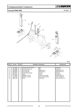 Verriegelung mechanisch / Locking device
Smaragd 9/500K+600K 617 8146
09.04
Pos. Art.-Nr. Stk. Artikeltext / Description
99
Abmessung
1 301 3379 2 Sechskantschraube DIN931-A Bolt M12x50-8.8
2 301 5388 4 Sechskantschraube spz. Bolt M16x45-8.8
3 303 0934 2 Sicherungsmutter Selflocking nut DIN985-NM12-8 Zn
4 303 0935 4 Sicherungsmutter Selflocking nut DIN985-NM16-8 Zn
5 329 1813 1 Flachformfeder gebogen U-spring 40x4x600
6 331 4910 1 Seilzug Tackle Smaragd 9/K
7 417 8145 1 Blattfeder mit Winkel Leaf spring with angle 100x6 Smaragd 9-K
8 417 8146 1 Blattfeder mit Lasche Leaf spring with lashing 100x6 Smaragd 9-K
9 459 1110 1 Brücke Clamp plate 50x10x100 1x60-D12,5
 
