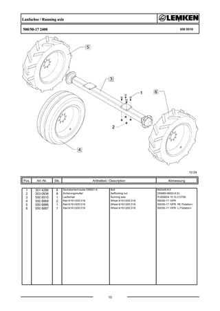 Laufachse / Running axle
500/50-17 2400 650 8510
10.04
Pos. Art.-Nr. Stk. Artikeltext / Description
10
Abmessung
1 301 4286 8 Sechskantschraube DIN931-A Bolt M20x65-8.8
2 303 0936 8 Sicherungsmutter Selflocking nut DIN985-NM20-8 Zn
3 550 8510 1 Laufachse Running axle PL6006S4 10.10.213706
4 550 8868 2 Rad 6/161/205 D18 Wheel 6/161/205 D18 500/50-17 10PR
5 550 8886 1 Rad 6/161/205 D18 Wheel 6/161/205 D18 500/50-17 10PR RE Flotation+
6 550 8887 1 Rad 6/161/205 D18 Wheel 6/161/205 D18 500/50-17 10PR LI Flotation+
 