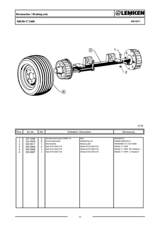 Bremsachse / Braking axle
500/50-17 2400 650 8511
10.04
Pos. Art.-Nr. Stk. Artikeltext / Description
11
Abmessung
1 301 4286 8 Sechskantschraube DIN931-A Bolt M20x65-8.8
2 303 0936 8 Sicherungsmutter Selflocking nut DIN985-NM20-8 Zn
3 550 8511 1 Bremsachse Braking axle PBA6006S4 10.10.213599
4 550 8868 2 Rad 6/161/205 D18 Wheel 6/161/205 D18 500/50-17 10PR
5 550 8886 1 Rad 6/161/205 D18 Wheel 6/161/205 D18 500/50-17 10PR RE Flotation+
6 550 8887 1 Rad 6/161/205 D18 Wheel 6/161/205 D18 500/50-17 10PR LI Flotation+
 