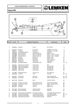 INHALTSVERZEICHNIS / CONTENTS
2
Gigant 800
Pos Art.-Nr. Artikeltext / Description Abmessung Seite
1 302 8574 Oberlenker Top link KAT2 540-760 3
2 550 8510 Laufachse Running axle PL6006S4 10.10.213706 4
2 550 8511 Bremsachse Braking axle PBA6006S4 10.10.213599 5
2 550 8514 Umrüstsatz Standbremse Conversion set Gigant 800 6
2 550 8868 Rad 6/161/205 D18 Wheel 6/161/205 D18 500/50-17 10PR 7
2 550 8886 Rad 6/161/205 D18 Wheel 6/161/205 D18 500/50-17 10PR RE Flotation+ 8
2 550 8887 Rad 6/161/205 D18 Wheel 6/161/205 D18 500/50-17 10PR LI Flotation+ 9
2 650 8510 Laufachse Running axle 500/50-17 2400 10
2 650 8511 Bremsachse Braking axle 500/50-17 2400 11
2 650 8512 Standbremse Parking brake Gigant-P 800+1000 12
2 650 8513 Standbremse Parking brake Gigant 800 Kpl. 13
2 677 6001 Druckluftbremsanlage Compressed-air brake Gigant 800 14 .. 15
3 625 6001 Zugeinrichtung mit Flansch Traction device D52 16
3 640 8596 Zugeinrichtung typgeprüft Traction device D48 Gigant 800 17
3 640 8598 Zugeinrichtung typgeprüft Traction device D58 Gigant 800 18
3 640 8616 Zugeinrichtung Traction device D48 Gigant 800 19
3 640 8618 Zugeinrichtung Traction device D58 Gigant 800 20
4 313 7880 Oberlenkerbolzen kpl. Top link pin, cpl. KAT2 D25,4x140 21
4 625 6010 V-Deichsel V-pole Gigant 800 22 .. 23
5 625 6031 Grundrahmen Basic frame Gigant 250x250x1250 24 .. 25
5 625 6033 Grundrahmen Basic frame Gigant-P 250x250x1250 8m 26 .. 27
6 629 7130 Abstellstütze Stand D185x720 0-300mm 28
7 617 8195 Tiefenführung mit Rolle Depth guiding with roller Gigant-P Smaragd 90x90 29
7 617 8196 Tiefenführung mit Rolle Depth guiding with roller Gigant-P Smaragd 120x120 30
7 661 8370 Unterlenker Lower link Gigant L2 Z3 31
7 661 8371 Unterlenker Lower link Gigant L2 Z3-P 32
8 570 1985 Beleuchtungsanlage Lighting equipment Gigant 800 33
8 670 1985 Beleuchtungsanlage Lighting equipment Gigant 800 34
9 675 4350 Hydraulikanlage Aushubgestänge HY-assembly lift linkage D115/40x200 EW Gigant800-AHG 35
9 675 4351 Hydraulische Einklappung HY-assembly folding device 140/70x800 Gigant800 36 .. 37
9 675 4354 Hydraulische Bremsanlage Hydraulic braking assembly Gigant 800 2xEZ 25x110 38
9 675 7106 Hydraulikleitung Schneidsch. HY-pipe assembly cutting bar Gigant 800 39
 