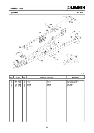 V-Deichsel / V-pole
Gigant 800 625 6010
10.04
Pos. Art.-Nr. Stk. Artikeltext / Description
23
Abmessung
27 459 6573 1 Lasche Lashing 80x6x260 2x105-D24,5
28 459 6575 2 Lasche Lashing 100x12x320 D60/20
29 305 6444 1 Scheibe Washer D52/140x25
30 305 6912 2 Scheibe Washer D57/90x6
 
