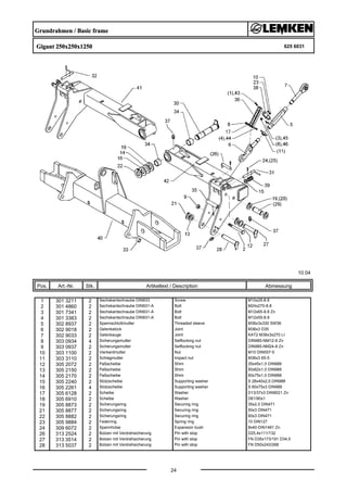 Grundrahmen / Basic frame
Gigant 250x250x1250 625 6031
10.04
Pos. Art.-Nr. Stk. Artikeltext / Description
24
Abmessung
1 301 3211 2 Sechskantschraube DIN933 Screw M10x25-8.8
2 301 4860 2 Sechskantschraube DIN931-A Bolt M24x270-8.8
3 301 7341 2 Sechskantschraube DIN931-A Bolt M12x65-8.8 Zn
4 301 3383 2 Sechskantschraube DIN931-A Bolt M12x55-8.8
5 302 8937 2 Spannschloßmutter Threaded sleeve M36x3x330 SW36
6 302 9018 2 Gelenkstück Joint M36x3 D35
7 302 9033 2 Gelenkauge Joint KAT2 M36x3x270 LI
8 303 0934 4 Sicherungsmutter Selflocking nut DIN985-NM12-8 Zn
9 303 0937 2 Sicherungsmutter Selflocking nut DIN985-NM24-8 Zn
10 303 1100 2 Vierkantmutter Nut M10 DIN557-5
11 303 3110 2 Schlagmutter Impact nut M36x3 65-5
12 305 2072 2 Paßscheibe Shim 35x45x1,0 DIN988
13 305 2150 2 Paßscheibe Shim 50x62x1,0 DIN988
14 305 2170 2 Paßscheibe Shim 60x75x1,0 DIN988
15 305 2240 2 Stützscheibe Supporting washer S 28x40x2,0 DIN988
16 305 2261 4 Stützscheibe Supporting washer S 60x75x3 DIN988
17 305 6128 2 Scheibe Washer D13/37x3 DIN9021 Zn
18 305 6910 2 Scheibe Washer D61/90x1
19 305 8873 2 Sicherungsring Securing ring 35x2,5 DIN471
21 305 8877 2 Sicherungsring Securing ring 50x3 DIN471
22 305 8882 2 Sicherungsring Securing ring 60x3 DIN471
23 305 9884 2 Federring Spring ring 10 DIN127
24 309 6072 2 Spannhülse Expansion bush 8x40-DIN1481 Zn
26 313 2524 2 Bolzen mit Verdrehsicherung Pin with stop D25,4x111/132
27 313 3514 2 Bolzen mit Verdrehsicherung Pin with stop FN D35x173/191 D34,5
28 313 5037 2 Bolzen mit Verdrehsicherung Pin with stop FN D50x243/268
 