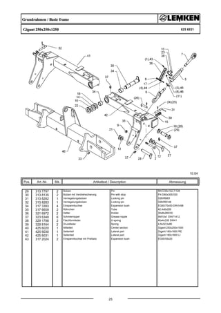 Grundrahmen / Basic frame
Gigant 250x250x1250 625 6031
10.04
Pos. Art.-Nr. Stk. Artikeltext / Description
25
Abmessung
29 313 7797 2 Bolzen Pin NN D35x102,7/128
30 313 8135 2 Bolzen mit Verdrehsicherung Pin with stop FN D60x305/330
31 313 8282 1 Verriegelungsbolzen Locking pin D26/RB83
32 313 8283 1 Verriegelungsbolzen Locking pin D26/RB148
34 317 3393 4 Einspannbuchse Expansion bush EG60/70x50-DIN1498
35 317 6659 2 Röhrchen Tube 42,4x8x200
36 321 6972 2 Halter Holder 30x8x260/30
37 323 6348 6 Schmiernippel Grease nipple AM10x1 DIN71412
38 329 1798 2 Flachformfeder U-spring 40x4x335 SW41
39 329 8164 2 Druckfeder Spring 4,5x32,5x80
40 425 6020 1 Mittelteil Center section Gigant 250x250x1500
41 425 6030 1 Seitenteil Lateral part Gigant 180x1600 RE
42 425 6031 1 Seitenteil Lateral part Gigant 180x1600 LI
43 317 2024 2 Einspannbuchse mit Preßsitz Expansion bush EG50/55x20
 