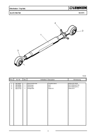 Oberlenker / Top link
KAT2 540-760 302 8574
10.04
Pos. Art.-Nr. Stk. Artikeltext / Description
3
Abmessung
1 302 8937 1 Spannschloßmutter Threaded sleeve M36x3x330 SW36
2 302 9032 1 Gelenkauge Joint KAT2 M36x3x270 RE
3 302 9033 1 Gelenkauge Joint KAT2 M36x3x270 LI
4 303 3110 1 Schlagmutter Impact nut M36x3 65-5
 