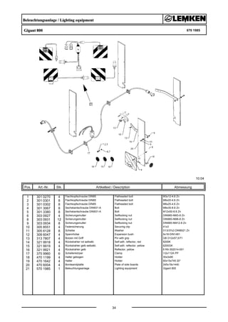 Beleuchtungsanlage / Lighting equipment
Gigant 800 670 1985
10.04
Pos. Art.-Nr. Stk. Artikeltext / Description
34
Abmessung
1 301 0270 4 Flachkopfschraube DIN85 Flatheaded bolt M3x12-4,6 Zn
2 301 0301 8 Flachkopfschraube DIN85 Flatheaded bolt M6x20-4,6 Zn
3 301 0302 8 Flachkopfschraube DIN85 Flatheaded bolt M6x25-4,6 Zn
4 301 3067 8 Sechskantschraube DIN931-A Bolt M8x35-8.8 Zn
5 301 3380 8 Sechskantschraube DIN931-A Bolt M12x50-8.8 Zn
6 303 0927 4 Sicherungsmutter Selflocking nut DIN985-NM3-8 Zn
8 303 0931 12 Sicherungsmutter Selflocking nut DIN985-NM6-8 Zn
9 303 0934 8 Sicherungsmutter Selflocking nut DIN985-NM12-8 Zn
10 305 8551 4 Federsicherung Securing clip 41x3
11 305 6128 8 Scheibe Washer D13/37x3 DIN9021 Zn
12 309 6047 4 Spannhülse Expansion bush 6x18-DIN1481
13 313 7807 4 Bolzen mit Griff Pin with grip GB D12x57,5/71
14 321 9918 4 Rückstrahler rot selbstkl. Self-adh. reflector, red 8200K
15 321 9919 4 Rückstrahler gelb selbstkl. Self-adh. reflector, yellow 6200GK
16 321 9921 4 Rückstrahler gelb Reflector, yellow 8 RA 002014-051
17 375 9960 6 Schellenkörper Clamp 1/2x112A PP
18 470 1199 4 Halter gebogen Holder 30x3x90
19 470 1642 4 Halter Holder 60x15x745 20°
20 470 6004 4 Bordwandplatte Plate of side boards 245x19x1440
21 570 1985 1 Beleuchtungsanlage Lighting equipment Gigant 800
 