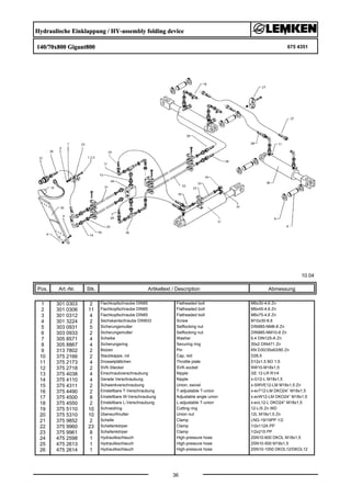 Hydraulische Einklappung / HY-assembly folding device
140/70x800 Gigant800 675 4351
10.04
Pos. Art.-Nr. Stk. Artikeltext / Description
36
Abmessung
1 301 0303 2 Flachkopfschraube DIN85 Flatheaded bolt M6x30-4,6 Zn
2 301 0306 11 Flachkopfschraube DIN85 Flatheaded bolt M6x45-4,6 Zn
3 301 0312 4 Flachkopfschraube DIN85 Flatheaded bolt M6x75-4,6 Zn
4 301 3224 2 Sechskantschraube DIN933 Screw M10x30-8.8
5 303 0931 5 Sicherungsmutter Selflocking nut DIN985-NM6-8 Zn
6 303 0933 2 Sicherungsmutter Selflocking nut DIN985-NM10-8 Zn
7 305 8571 4 Scheibe Washer 6,4 DIN125-A Zn
8 305 8867 4 Sicherungsring Securing ring 30x2 DIN471 Zn
9 313 7802 2 Bolzen Pin KN D30/35x63/80 Zn
10 375 2166 2 Staubkappe, rot Cap, red D26,5
11 375 2173 4 Drosselplättchen Throttle plate D12x1,5 BO 1,5
12 375 2718 2 SVK-Stecker SVK-socket NW10-M18x1,5
13 375 4038 4 Einschraubverschraubung Nipple GE 12-LR R1/4
14 375 4110 4 Gerade Verschraubung Nipple x-G12-L M18x1,5
15 375 4311 2 Schwenkverschraubung Union, swivel x-SWVE12-LM M18x1,5 Zn
16 375 4490 2 Einstellbare T-Verschraubung T-adjustable T-union x-evT12-LM DKO24° M18x1,5
17 375 4500 8 Einstellbare W-Verschraubung Adjustable angle union x-evW12-LM DKO24° M18x1,5
18 375 4550 2 Einstellbare L-Verschraubung L-adjustable T-union x-evL12-L DKO24° M18x1,5
19 375 5110 10 Schneidring Cutting ring 12-L/S Zn WD
20 375 5310 10 Überwurfmutter Union nut 12L M18x1,5 Zn
21 375 9852 2 Schelle Clamp LNG-19/19PP 1/2
22 375 9960 23 Schellenkörper Clamp 1/2x112A PP
23 375 9961 8 Schellenkörper Clamp 1/2x215 PP
24 475 2598 1 Hydraulikschlauch High-pressure hose 2SN10-600 DKOL M18x1,5
25 475 2613 1 Hydraulikschlauch High-pressure hose 2SN10-500 M18x1,5
26 475 2614 1 Hydraulikschlauch High-pressure hose 2SN10-1000 DKOL12/DKOL12
 