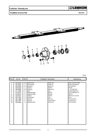 Laufachse / Running axle
PL6006S4 10.10.213706 550 8510
10.04
Pos. Art.-Nr. Stk. Artikeltext / Description
4
Abmessung
1 301 6421 12 Radschraube Wheel bolt M18x1,5x52-D19 REB
2 303 0242 2 Kronenmutter Castle nut M36x1,5 600.008.04
3 303 6420 12 Radmutter Wheel nut B18 DIN74361
4 305 6450 2 Scheibe Washer 970033
5 305 9930 12 Federring Spring ring C 18,5 DIN74361
6 311 7650 2 Splint Peg 6,3x56 DIN94-St Zn
7 319 9017 2 Kegelrollenlager Bearing 30210 D90/50x21,75
8 319 9216 2 Kegelrollenlager Bearing 32014X
9 323 0221 2 Scheibe Washer BPW 03.310.23.09.0
10 323 1323 2 Schutzkappe Cap D90,1
11 323 1680 2 Dichtring Seal ring 05.120.26.08.0
12 323 1681 2 Stoßring Thrust washer 03.370.05.14.0
13 450 6902 2 Radnabe 6/205 Wheel hub 03.272.09.56.0
 