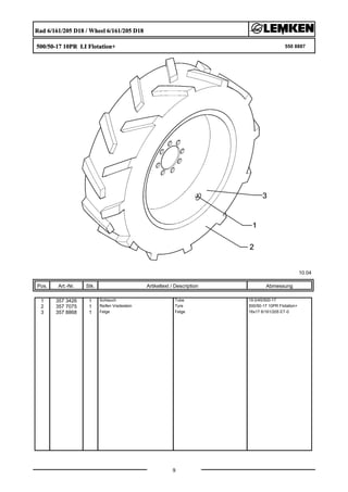 Rad 6/161/205 D18 / Wheel 6/161/205 D18
500/50-17 10PR LI Flotation+ 550 8887
10.04
Pos. Art.-Nr. Stk. Artikeltext / Description
9
Abmessung
1 357 3426 1 Schlauch Tube 19.0/45/500-17
2 357 7075 1 Reifen Vredestein Tyre 500/50-17 10PR Flotation+
3 357 8868 1 Felge Felge 16x17 6/161/205 ET-0
 