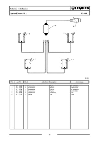 Kabelsatz / Set of cables
System-Korund 450 L 570 2064
01.04
Pos. Art.-Nr. Stk. Artikeltext / Description
30
Abmessung
1 373 1802 1 Aufsteckdose Plug box RE ADR2 2,0m
2 373 1803 1 Aufsteckdose Plug box LI ADL2 2,0m
3 373 1804 1 Aufsteckdose Plug box RE ADR4 6,0m
4 373 1805 1 Aufsteckdose Plug box LI ADL4 6,0m
5 373 2018 1 Verteilerdose Junction box 1200.
6 373 2121 1 Stecker Plug 7-polig
 