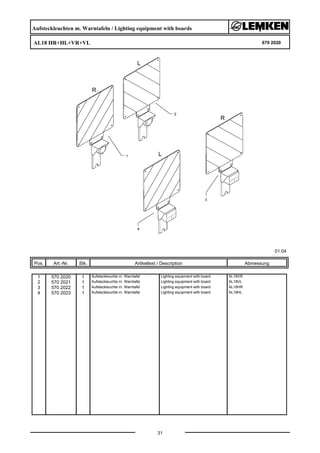 Aufsteckleuchten m. Warntafeln / Lighting equipment with boards
AL18 HR+HL+VR+VL 670 2020
01.04
Pos. Art.-Nr. Stk. Artikeltext / Description
31
Abmessung
1 570 2020 1 Aufsteckleuchte m. Warntafel Lighting equipment with board AL18VR
2 570 2021 1 Aufsteckleuchte m. Warntafel Lighting equipment with board AL18VL
3 570 2022 1 Aufsteckleuchte m. Warntafel Lighting equipment with board AL18HR
4 570 2023 1 Aufsteckleuchte m. Warntafel Lighting equipment with board AL18HL
 