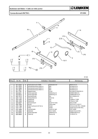 Kabelsatz mit Halter / Cable set with carrier
System-Korund 450/750 L 670 2064
01.04
Pos. Art.-Nr. Stk. Artikeltext / Description
33
Abmessung
1 301 0303 8 Flachkopfschraube DIN85 Flatheaded bolt M6x30-4,6 Zn
2 301 3253 4 Sechskantschraube DIN931-A Bolt M10x60-8.8 Zn
3 301 3266 4 Sechskantschraube DIN931-A Bolt M10x80-8.8 Zn
4 301 3837 4 Sechskantschraube DIN931-A Bolt M16x60-8.8 Zn
5 301 7781 4 Bügelschraube U-bolt M10x38x76 DIN3570A Zn
6 303 0931 8 Sicherungsmutter Selflocking nut DIN985-NM6-8 Zn
7 303 0933 4 Sicherungsmutter Selflocking nut DIN985-NM10-8 Zn
8 303 1012 4 Sechskantmutter Nut M10 DIN934-8 Zn
9 325 1130 2 Schlauchklemme Hose clip 7/9-2
10 325 1250 4 Kabelbinder Clip 7x360mm T150R
11 325 1325 8 Kabelbinder Clip 179x4mm T40R
12 325 5507 2 Schutzschlauch Guard for hoses 20x2,2x1600
13 459 1058 2 Brücke Clamp plate 30x12x130 1x100-D11
14 470 1188 2 Halter Sy.Korund 4,5/7,5m la Holder S-Korund 450+750 L 1003x60
15 470 1197 2 Halter Holder System-Korund 450+750 L
16 470 1668 2 Leuchtenhalter Carrier for light D33,7x2565
17 570 2064 1 Kabelsatz Set of cables System-Korund 450 L
18 303 0935 4 Sicherungsmutter Selflocking nut DIN985-NM16-8 Zn
19 305 9900 8 Federring Spring ring 10 DIN127 Zn
 