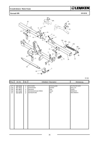 Grundrahmen / Basic frame
Korund 450 610 6318
01.04
Pos. Art.-Nr. Stk. Artikeltext / Description
35
Abmessung
27 459 9338 3 Klemmplatte Clamping plate 18x105x180 4xD20
28 461 7915 1 Schienenwelle Drawbar D40 L2 Z2
29 461 9872 2 Sperrstück Stop D40/55
30 301 5140 2 Sechskantschraube DIN933 Screw M20x65-8.8
31 303 0978 2 Sechskantmutter Nut M20 DIN934-8
 