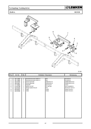 Verriegelung / Locking device
25x90 A 622 6126
01.04
Pos. Art.-Nr. Stk. Artikeltext / Description
41
Abmessung
1 301 3383 2 Sechskantschraube DIN931-A Bolt M12x55-8.8
2 301 3583 1 Sechskantschraube DIN931-A Bolt M14x55-8.8
3 303 0934 2 Sicherungsmutter Selflocking nut DIN985-NM12-8 Zn
4 303 0941 1 Sicherungsmutter Selflocking nut DIN985-NM14-8 Zn
5 311 9565 1 Klappstift Securing pin 4,5mm
6 313 8159 1 Bolzen mit Griff Pin with grip GB D14x55/69 Zn
7 422 6034 1 Stange System-Korund Rod 40x15x315 1xD14,5
8 422 6037 1 Halter Holder System Korund L
9 422 6038 1 Halter Holder System Korund L
 