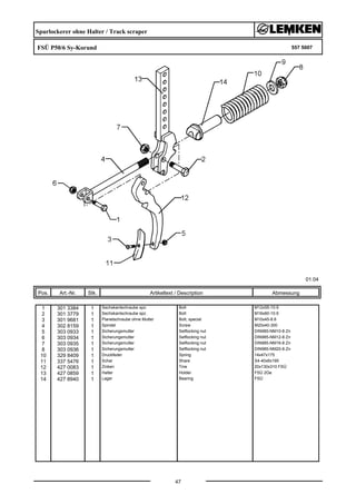 Spurlockerer ohne Halter / Track scraper
FSÜ P50/6 Sy-Korund 557 5007
01.04
Pos. Art.-Nr. Stk. Artikeltext / Description
47
Abmessung
1 301 3384 1 Sechskantschraube spz. Bolt M12x55-10.9
2 301 3779 1 Sechskantschraube spz. Bolt M16x60-10.9
3 301 9681 1 Planetschraube ohne Mutter Bolt, special M10x45-8.8
4 302 8159 1 Spindel Screw M20x40-300
5 303 0933 1 Sicherungsmutter Selflocking nut DIN985-NM10-8 Zn
6 303 0934 1 Sicherungsmutter Selflocking nut DIN985-NM12-8 Zn
7 303 0935 1 Sicherungsmutter Selflocking nut DIN985-NM16-8 Zn
8 303 0936 1 Sicherungsmutter Selflocking nut DIN985-NM20-8 Zn
10 329 8409 1 Druckfeder Spring 14x47x175
11 337 5476 1 Schar Share S4-40x6x195
12 427 0083 1 Zinken Tine 20x130x310 FSÜ
13 427 0859 1 Halter Holder FSÜ 2Ge
14 427 8940 1 Lager Bearing FSÜ
 
