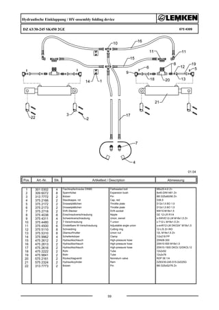 Hydraulische Einklappung / HY-assembly folding device
DZ 63/30-245 SK450 2GE 675 4309
01.04
Pos. Art.-Nr. Stk. Artikeltext / Description
59
Abmessung
1 301 0302 4 Flachkopfschraube DIN85 Flatheaded bolt M6x25-4,6 Zn
2 309 6072 8 Spannhülse Expansion bush 8x40-DIN1481 Zn
3 313 7772 2 Bolzen Pin BB D25x60/90 Zn
4 375 2166 2 Staubkappe, rot Cap, red D26,5
5 375 2172 2 Drosselplättchen Throttle plate D12x1,5 BO 1,0
6 375 2173 2 Drosselplättchen Throttle plate D12x1,5 BO 1,5
7 375 2718 2 SVK-Stecker SVK-socket NW10-M18x1,5
8 375 4038 8 Einschraubverschraubung Nipple GE 12-LR R1/4
9 375 4311 4 Schwenkverschraubung Union, swivel x-SWVE12-LM M18x1,5 Zn
10 375 4480 2 T-Verschraubung T-union x-T12-L M18x1,5 Zn
11 375 4500 6 Einstellbare W-Verschraubung Adjustable angle union x-evW12-LM DKO24° M18x1,5
12 375 5110 8 Schneidring Cutting ring 12-L/S Zn WD
13 375 5310 8 Überwurfmutter Union nut 12L M18x1,5 Zn
14 375 9962 4 Schellenkörper Clamp 1/2x218 PP
15 475 2612 2 Hydraulikschlauch High-pressure hose 2SN08-300
16 475 2613 2 Hydraulikschlauch High-pressure hose 2SN10-500 M18x1,5
17 475 2616 2 Hydraulikschlauch High-pressure hose 2SN10-1500 DKOL12/DKOL12
18 475 2222 2 Rohr Tube 12x2x52
19 475 9841 2 Rohr Tube 12x2x78
20 575 2161 2 Rückschlagventil Nonreturn valve RDP 06 1/4
21 575 2324 2 Hydraulikzylinder Ram DZ63/30-245-515-2xD25G
22 313 7773 2 Bolzen Pin BB D25x52/76 Zn
 