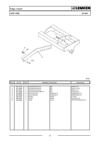 Träger / Carrier
ZPW+TRW 622 2882
08.04
Pos. Art.-Nr. Stk. Artikeltext / Description
24
Abmessung
1 301 3779 2 Sechskantschraube spz. Bolt M16x60-10.9
2 301 4595 1 Sechskantschraube spz. Bolt M20x70-10.9 Zn
3 301 4601 1 Sechskantschraube spz. Bolt M20x70-10.9
4 301 5408 2 Sechskantschraube DIN931-A Bolt M16x55-8.8 Zn
5 303 0935 2 Sicherungsmutter Selflocking nut DIN985-NM16-8 Zn
6 303 0936 1 Sicherungsmutter Selflocking nut DIN985-NM20-8 Zn
7 305 6163 2 Scheibe Washer D17/35x5
8 305 6187 1 Scheibe Washer D20,5/40x2,5 Zn
9 422 2882 1 Träger Carrier ZPW420+ZPW500-Zirkon 9
 