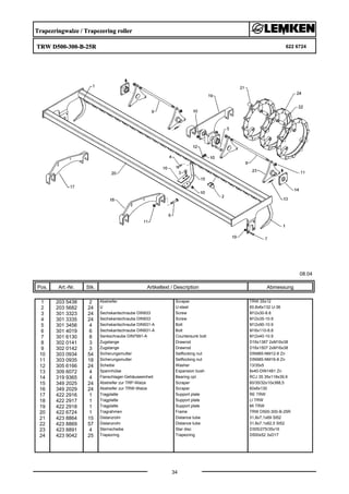 Trapezringwalze / Trapezering roller
TRW D500-300-B-25R 622 6724
08.04
Pos. Art.-Nr. Stk. Artikeltext / Description
34
Abmessung
1 203 5438 2 Abstreifer Scraper TRW 35x12
2 203 5682 24 U U-steel 60,8x6x132 U-36
3 301 3323 24 Sechskantschraube DIN933 Screw M12x30-8.8
4 301 3335 24 Sechskantschraube DIN933 Screw M12x35-10.9
5 301 3456 4 Sechskantschraube DIN931-A Bolt M12x90-10.9
6 301 4019 6 Sechskantschraube DIN931-A Bolt M16x110-8.8
7 301 6130 8 Senkschraube DIN7991-A Countersunk bolt M12x40-10.9
8 302 0141 3 Zugstange Drawrod D16x1387 2xM16x38
9 302 0142 3 Zugstange Drawrod D16x1507 2xM16x38
10 303 0934 54 Sicherungsmutter Selflocking nut DIN985-NM12-8 Zn
11 303 0935 18 Sicherungsmutter Selflocking nut DIN985-NM16-8 Zn
12 305 6166 24 Scheibe Washer 13/35x5
13 309 6072 4 Spannhülse Expansion bush 8x40-DIN1481 Zn
14 319 9365 4 Flanschlager-Gehäuseeinheit Bearing cpl. RCJ 35 35x118x39,9
15 349 2025 24 Abstreifer zur TRP-Walze Scraper 60/35/32x10x388,5
16 349 2029 24 Abstreifer zur TRW-Walze Scraper 60x6x130
17 422 2916 1 Tragplatte Support plate RE TRW
18 422 2917 1 Tragplatte Support plate LI TRW
19 422 2918 1 Tragplatte Support plate MI TRW
20 422 6724 1 Tragrahmen Frame TRW D500-300-B-25R
21 423 8864 15 Distanzrohr Distance tube 31,8x7,1x69 St52
22 423 8869 57 Distanzrohr Distance tube 31,8x7,1x82,5 St52
23 423 8891 4 Sternscheibe Star disc D305/275/35x16
24 423 9042 25 Trapezring Trapezring D500x52 3xD17
 