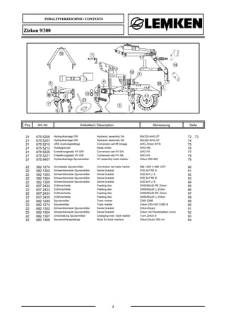 INHALTSVERZEICHNIS / CONTENTS
4
Zirkon 9/300
Pos Art.-Nr. Artikeltext / Description Abmessung Seite
21 675 5205 Hydraulikanlage DW Hydraulic assembly DA 80x320-AHG-ST 72 .. 73
21 675 5207 Hydraulikanlage DW Hydraulic assembly DA 90x320-AHG-ST 74
21 675 5210 URS Aushubgestänge Conversion-set lift linkage AHG-Zirkon 6/7/9 75
21 675 5212 Hubbegrenzer Raise limiter AHG-HB 76
21 675 5220 Erweiterungssatz HY-DW Conversion-set HY-DA AHG-FA 77
21 675 5221 Erweiterungssatz HY-EW Conversion-set HY-SA AHG-FA 78
21 675 8407 Hydraulikanlage Spuranreißer HY-assembly track marker Zirkon 250-300 79
22 582 1274 Umrüstsatz Spuranreißer Conversion set track marker 682 1249 in 682 1274 80
22 582 1302 Schwenkkonsole Spuranreißer Swivel bracket D35 247 RE A 81
22 582 1303 Schwenkkonsole Spuranreißer Swivel bracket D35 247 LI A 82
22 582 1304 Schwenkkonsole Spuranreißer Swivel bracket D35 247 RE B 83
22 582 1305 Schwenkkonsole Spuranreißer Swivel bracket D35 247 LI B 84
22 657 2432 Zuführscheibe Feeding disc D450/60x20 RE Zirkon 85
22 657 2433 Zuführscheibe Feeding disc D450/60x20 LI Zirkon 86
22 657 2434 Zuführscheibe Feeding disc D450/60x20 RE Zirkon 87
22 657 2435 Zuführscheibe Feeding disc D450/60x20 LI Zirkon 88
22 682 1249 Spuranreißer Track marker Z300 D380 89
22 682 1274 Spuranreißer Track marker Zirkon 250+300 D380 B 90
22 682 1302 Schwenkkonsole Spuranreißer Swivel bracket Zirkon/Quarz 91
22 682 1304 Schwenkkonsole Spuranreißer Swivel bracket Zirkon mit Planierbalken vorne 92
22 682 1307 Umschaltung Spuranreißer Changing-over, track marker Turm Zirkon 9 93
22 682 1309 Spuranreißergestänge Rods for track markers Zirkon/Quarz 300 cm 94
 