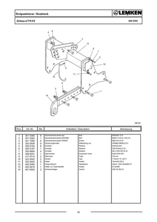 Dreipunktturm / Headstock
Zirkon 6/7/9-ST 640 8392
08.04
Pos. Art.-Nr. Stk. Artikeltext / Description
40
Abmessung
1 301 5390 8 Sechskantschraube spz. Bolt M20x65-12.9
2 301 5393 1 Sechskantschraube DIN7990 Bolt M20x110-8.8 (130) Zn
3 301 7260 4 Sechskantschraube DIN933 Screw M8x16-8.8 Zn
4 303 0936 9 Sicherungsmutter Selflocking nut DIN985-NM20-8 Zn
5 305 6164 8 Scheibe Washer D35/20,5x5
6 305 6187 1 Scheibe Washer D20,5/40x2,5 Zn
7 305 8694 4 Scheibe Washer A8,4 DIN125-St Zn
8 309 6041 1 Spannhülse Expansion bush 5x40-DIN1481
9 317 6710 2 Röhrchen Tube 10x1x4
10 323 0002 2 Deckel Cap 115x3x115 1xD11
11 323 0003 2 Halter Holder 15x3x40-D8,5
12 440 8392 1 Dreipunktturm Headstock Zirkon 120x120x698-ST
13 455 0916 1 Halter zur Gelenkwellle Holder D12x499
14 461 6020 2 Schienenträger Carrier D55-35 90x12
 
